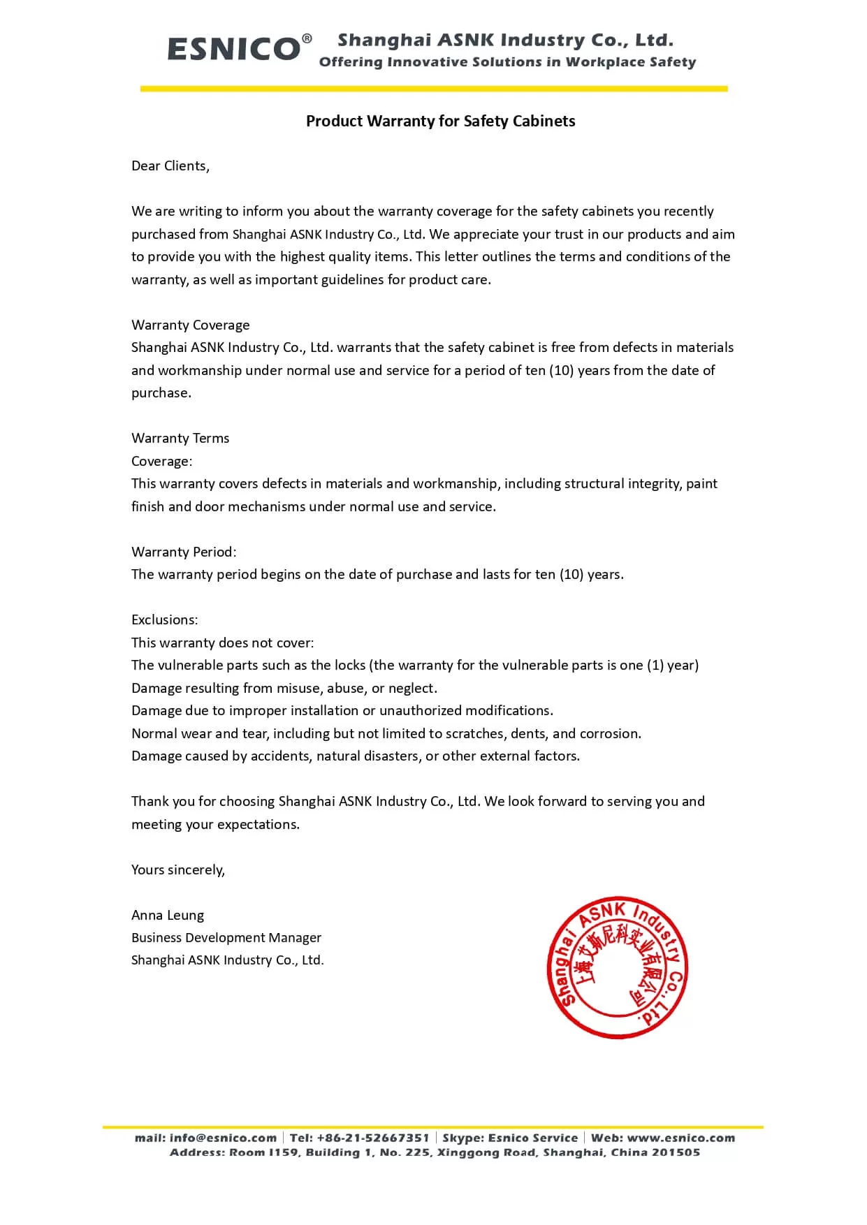 SAFETY CABINET warranty card