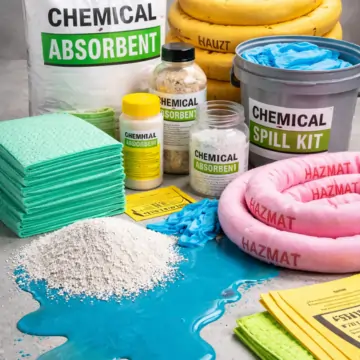 A collection of industrial chemical absorbents featuring yellow spill socks, white absorbent pads, and a large yellow spill kit container for hazardous material management.
