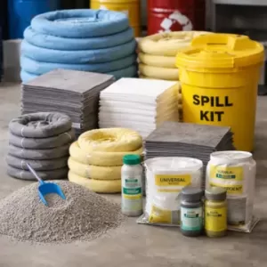 Yellow chemical absorbents including industrial spill pads, absorbent socks, and pillows used for hazardous liquid containment in a warehouse setting.