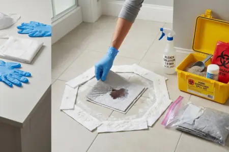 Professional performing clean up body fluids procedure using gloves, absorbent pads, and disinfectant supplies on a tiled floor.