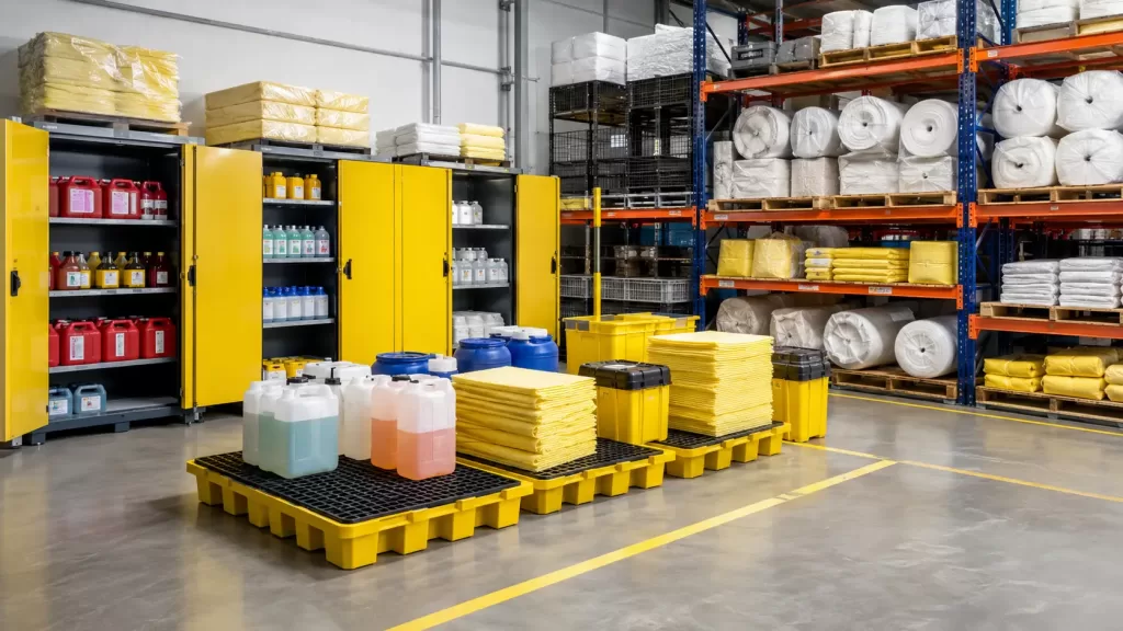 Industrial warehouse safety storage area with spill pallets and chemical safety cabinets