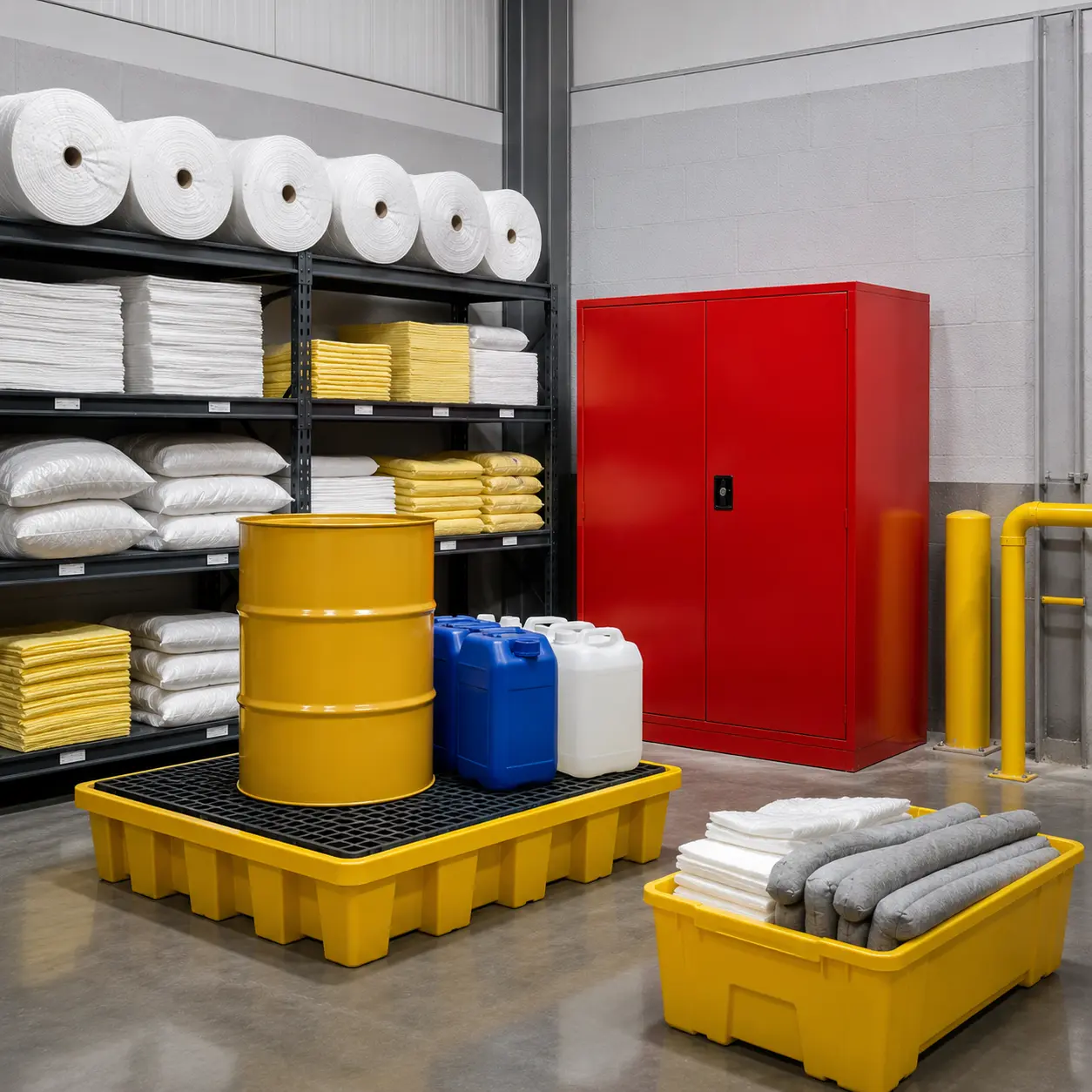 Organized industrial safety equipment storage with spill pallet and safety cabinet