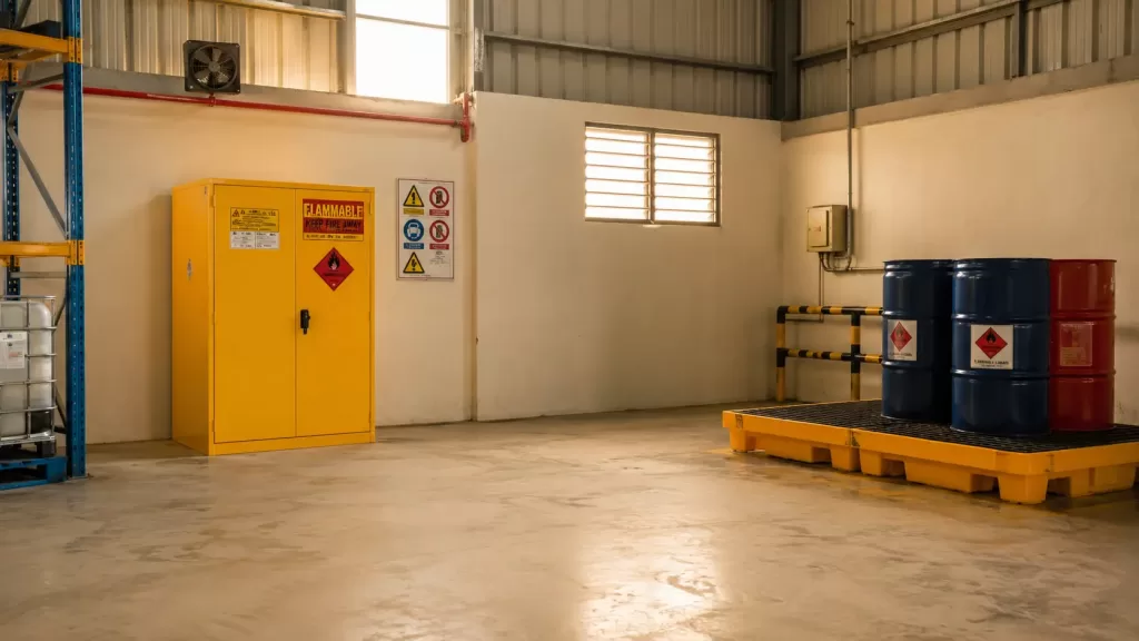 Yellow flammable liquid storage cabinet with self-closing door positioned away from ignition sources in an industrial facility
