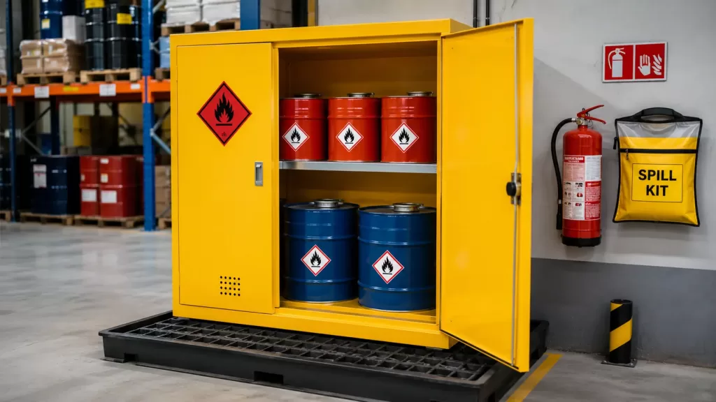 Industrial safety cabinet for flammable liquids with drip tray, GHS labels, and nearby spill kit in a warehouse