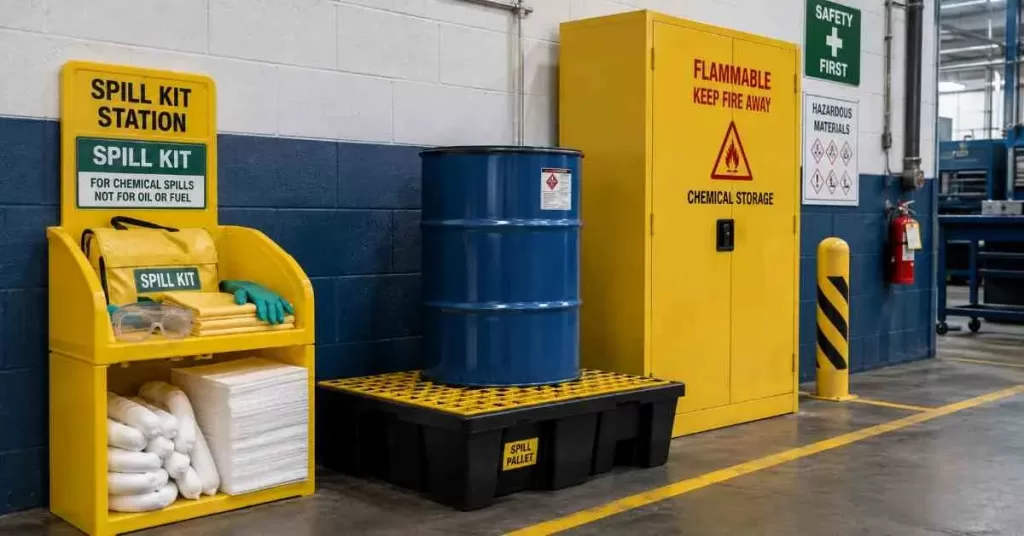 Chemical spill kit and safety storage cabinet with absorbent pads in industrial facility