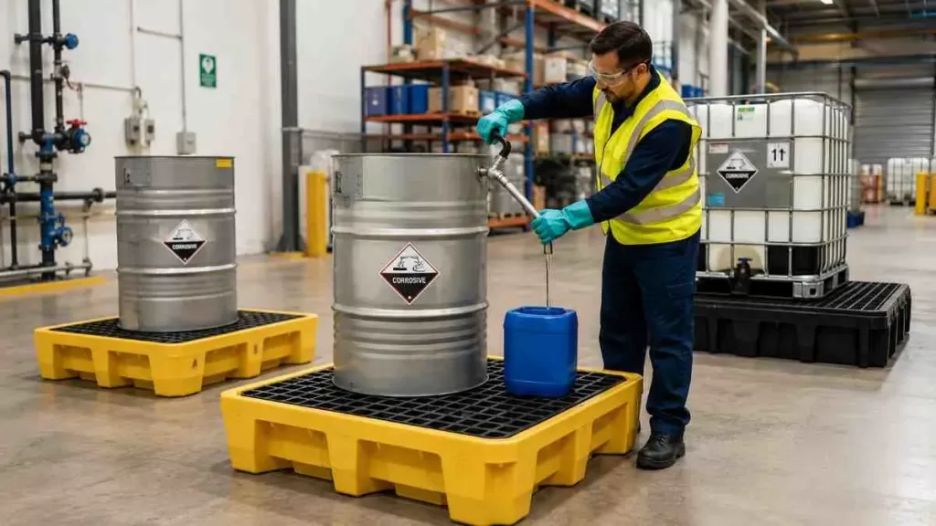 Worker in PPE transferring chemical from drum on spill containment pallet in warehouse