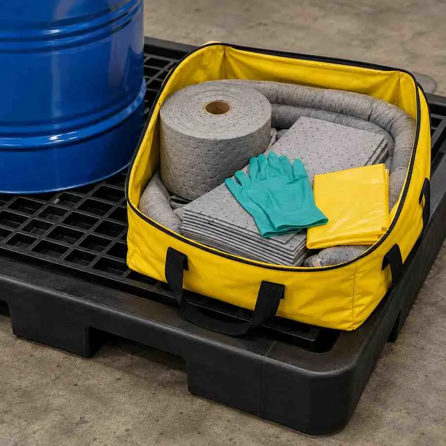 Close-up of an open yellow spill kit with absorbent pads and gloves sitting on a black spill pallet beside a stored drum
