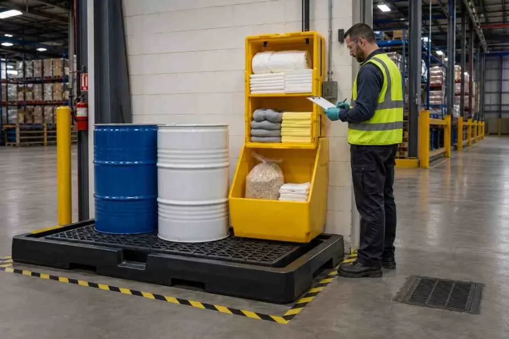 Worker inspecting a spill kit and drum spill pallet in a warehouse as part of routine spill containment checks