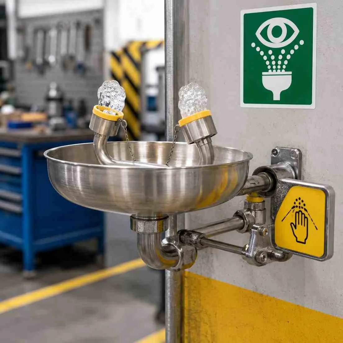 Chemical spill kit and safety storage cabinet with absorbent pads in industrial facility