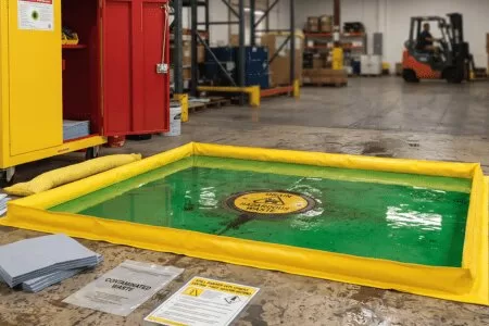 A yellow spill kit storage cabinet and deployed spill response equipment, including a containment berm with green liquid, absorbent pads, and a waste disposal bag.