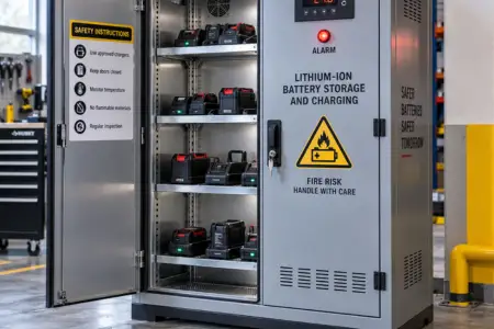 Metal lithium-ion battery storage cabinet with lockable doors, adjustable shelves, charging battery packs, LED alarm indicator, and temperature display in an industrial warehouse.