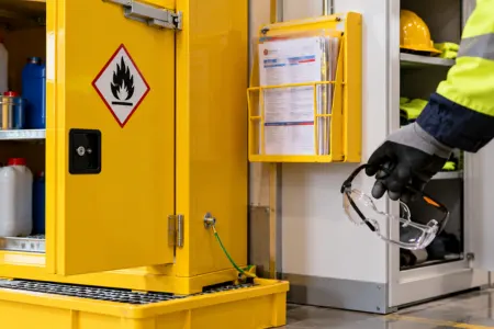 Safety cabinet with hazard label and MSDS box showing how to store chemicals safely